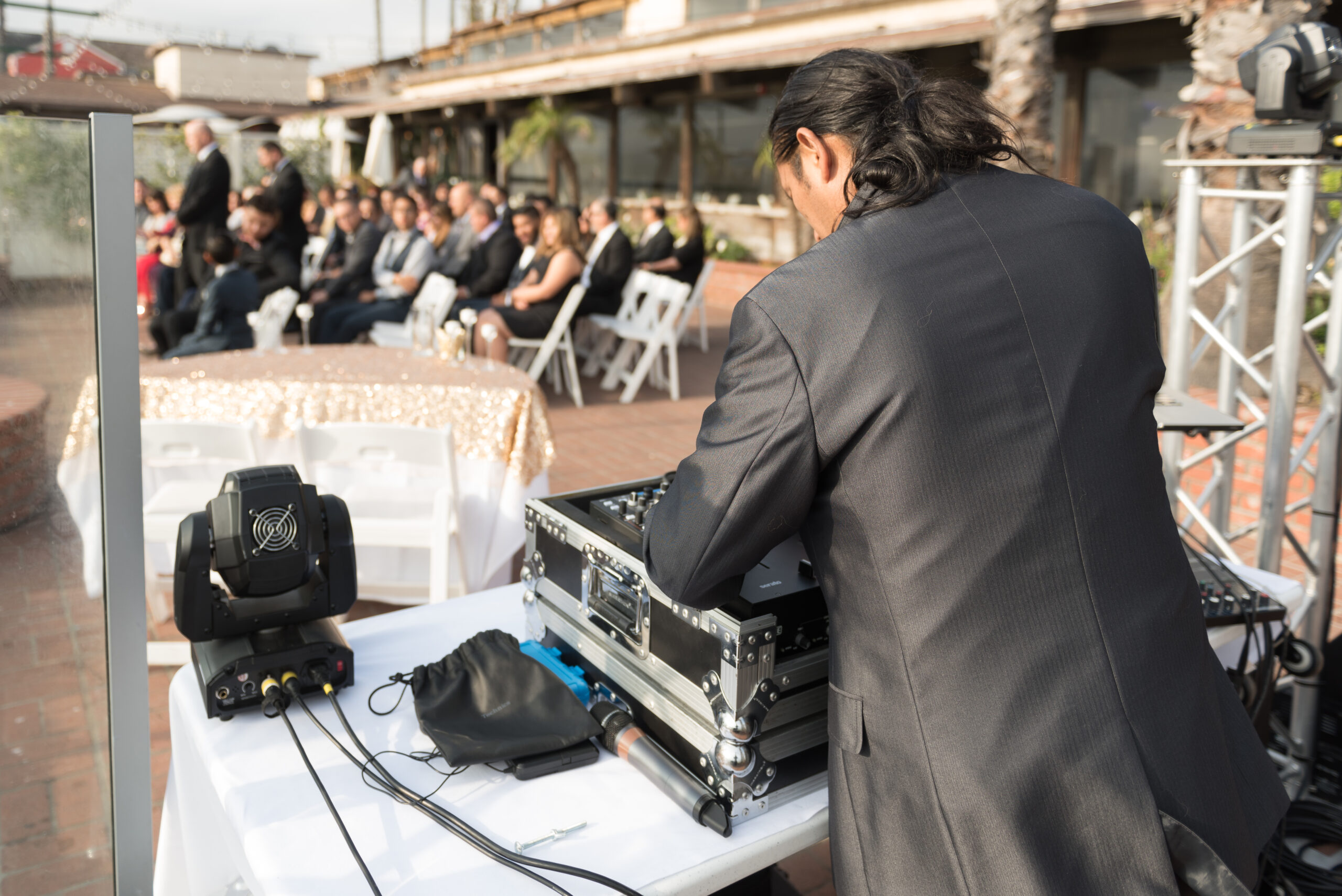 Outdoor beach wedding reception party scene in Marina del Rey, CA, USA